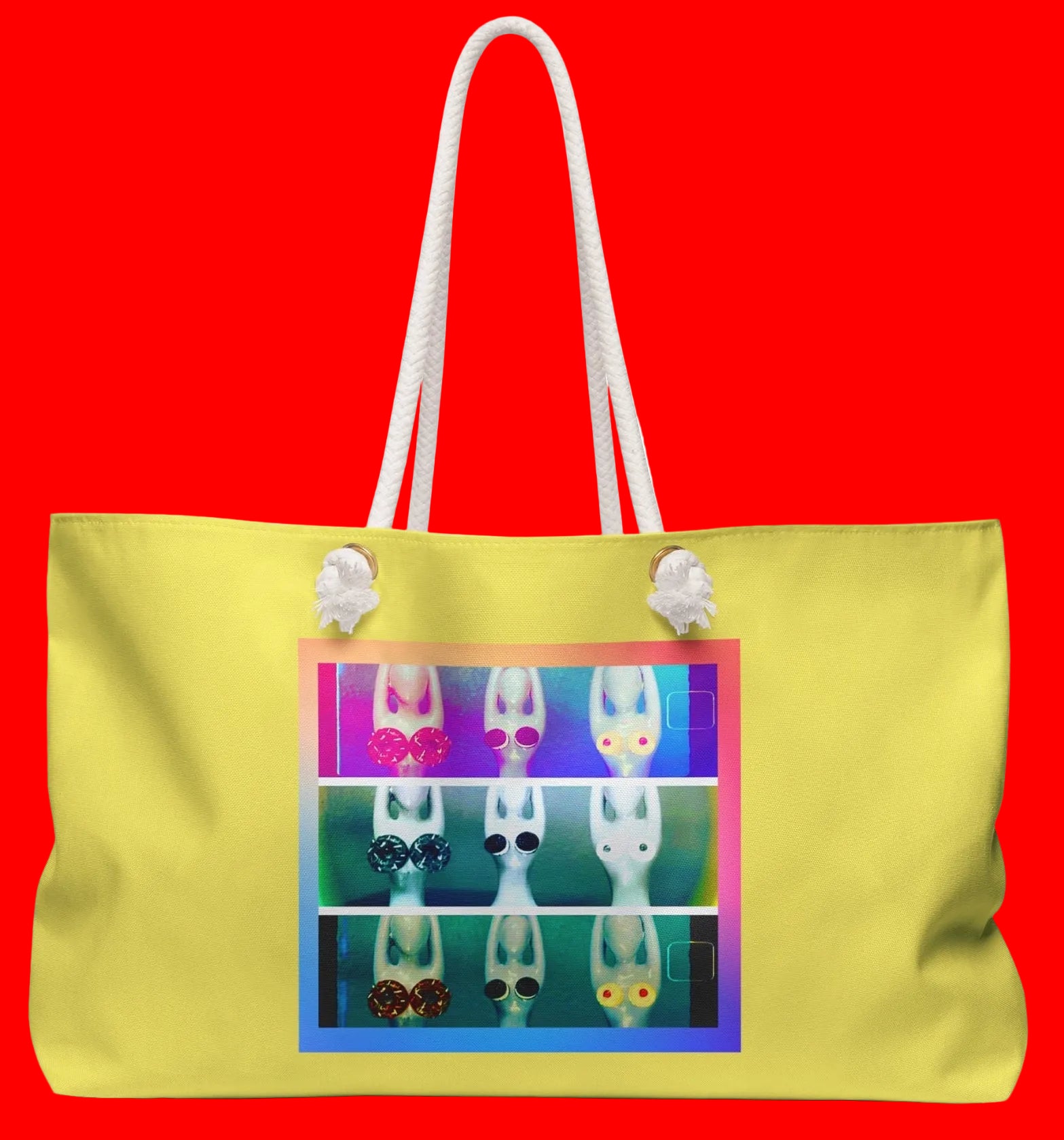 Large yellow canvas tote bag with white rope handles, featuring a colorful graphic print of YOGA t Women figures  in Pose with donut cake cookies for breasts.
