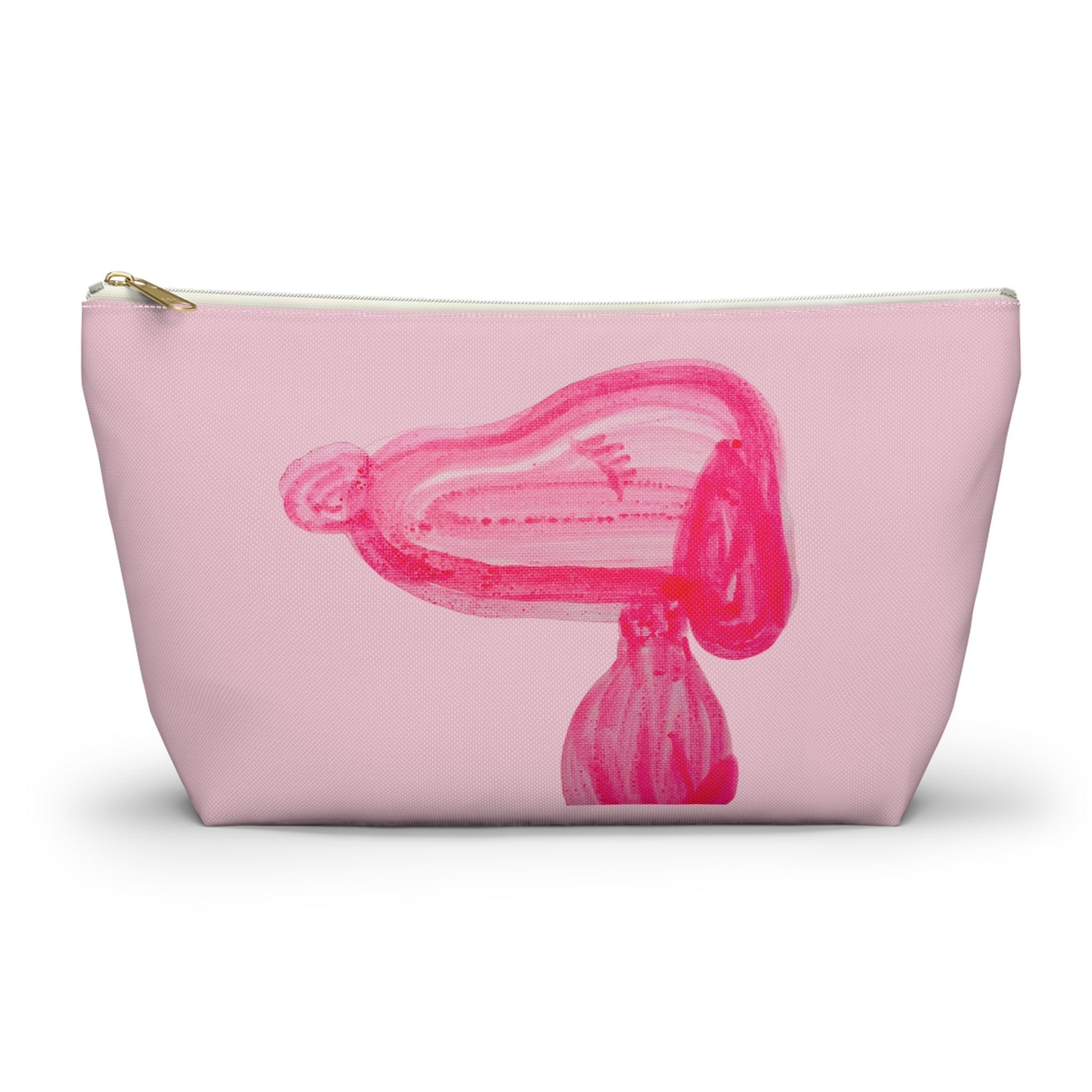 Pink accessory cosmetics pouch featuring a playful hand-printed puppy dog  white zipper