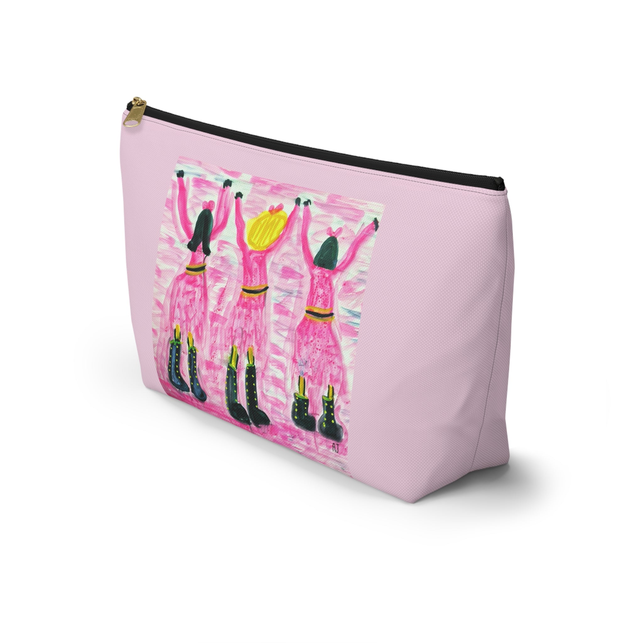 Pink accessory pouch featuring a hand-painted pop art design of three dancers against a blush background.