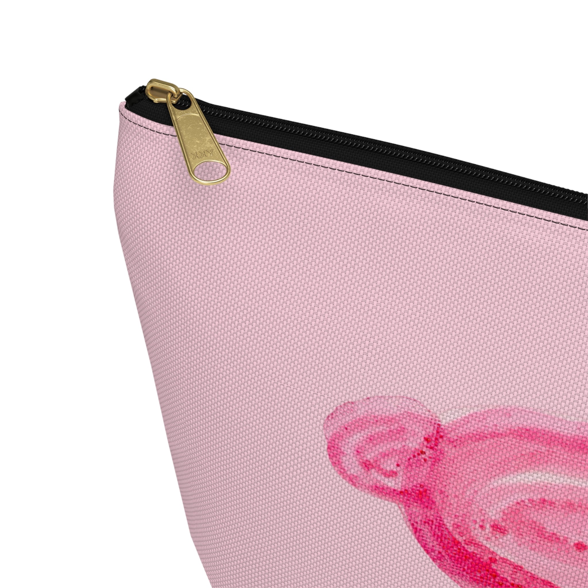 Collection of pink dog pattern cosmetic bags showing both black and white zipper color options in multiple sizes.